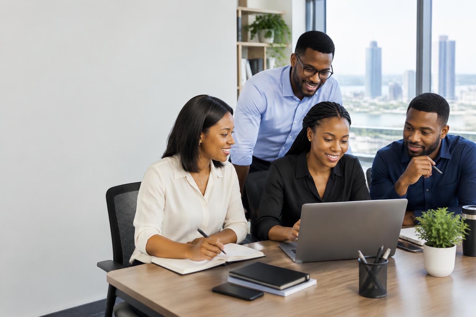 Illustrative image of professionals collaborating in a bright office