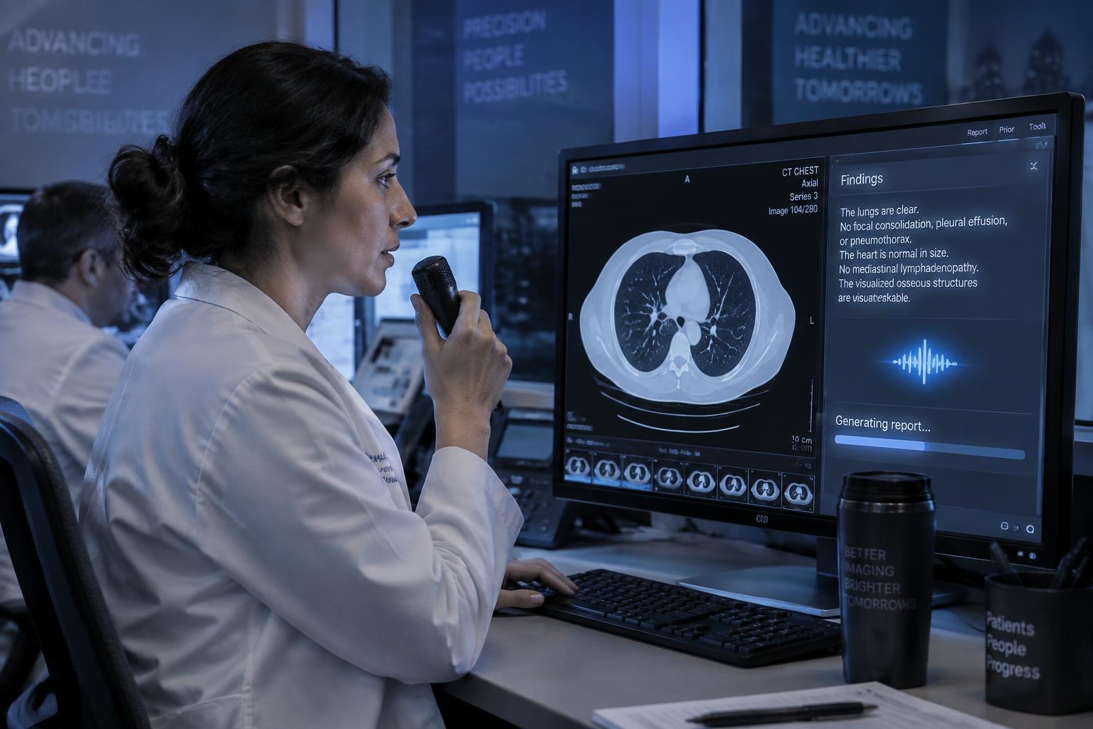 Radiologist dictating a report at a reporting workstation