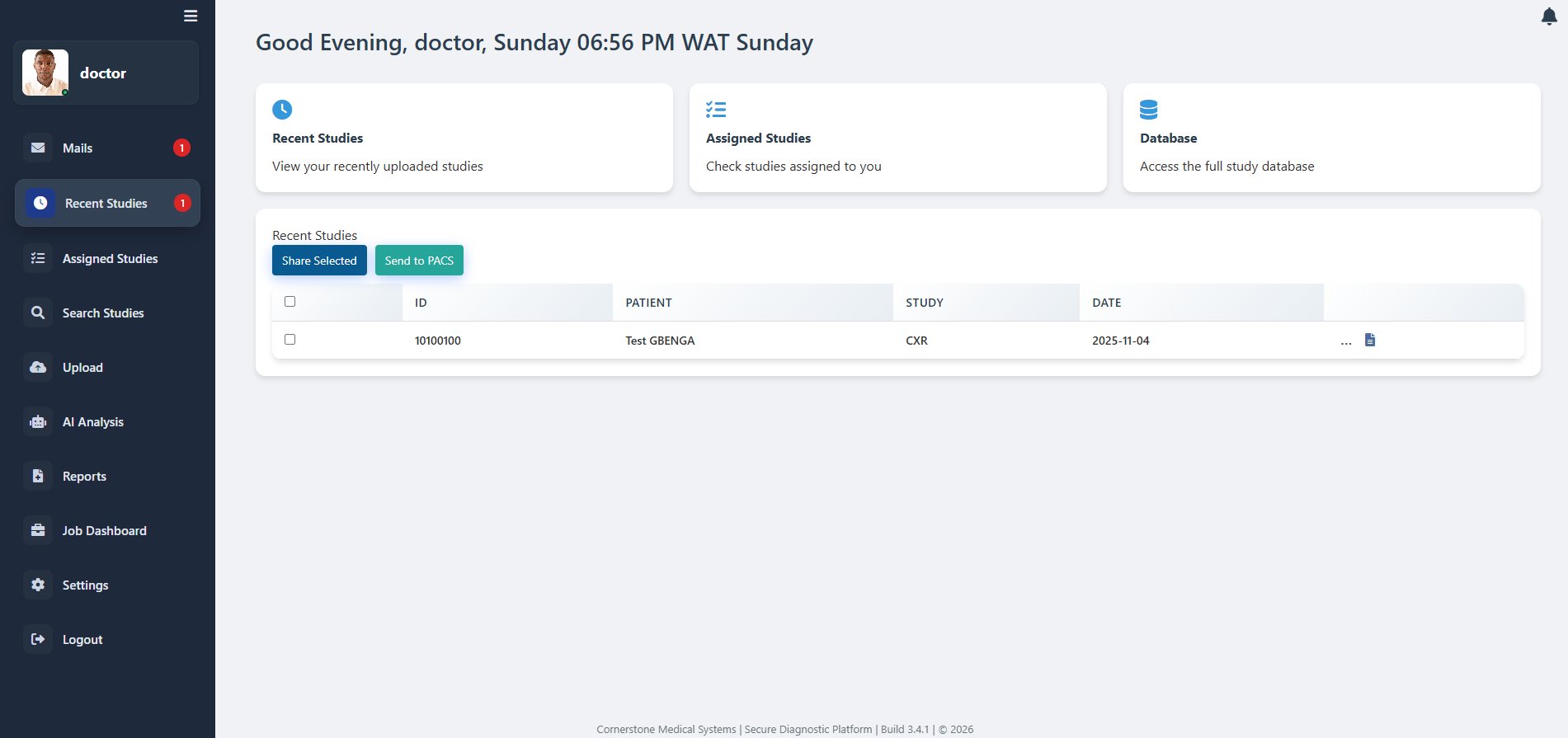 Doctor dashboard showing recent studies, assigned studies and database access