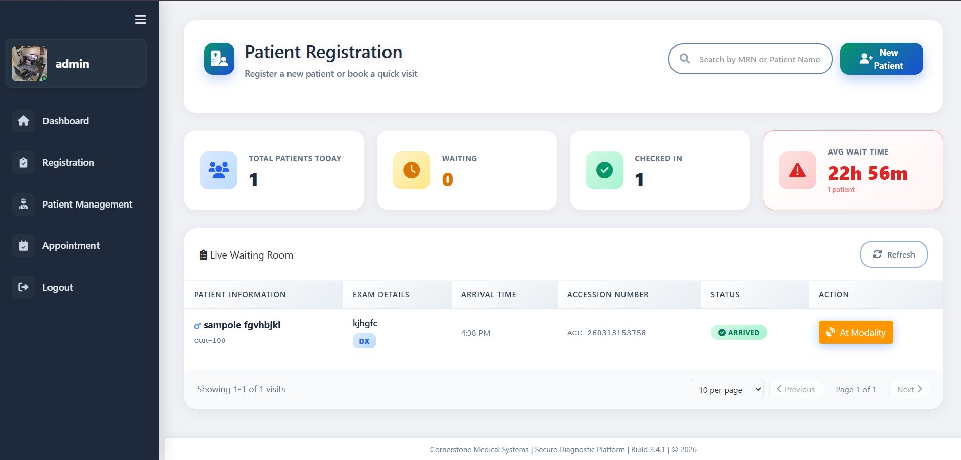 Patient Registration module — live waiting room, stats and patient intake