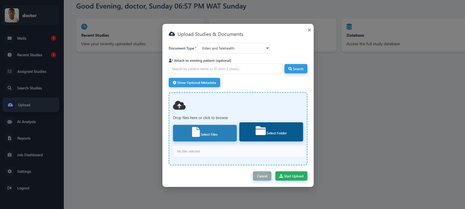 Upload Studies and Documents modal — DICOM, video, PDF and legacy format support